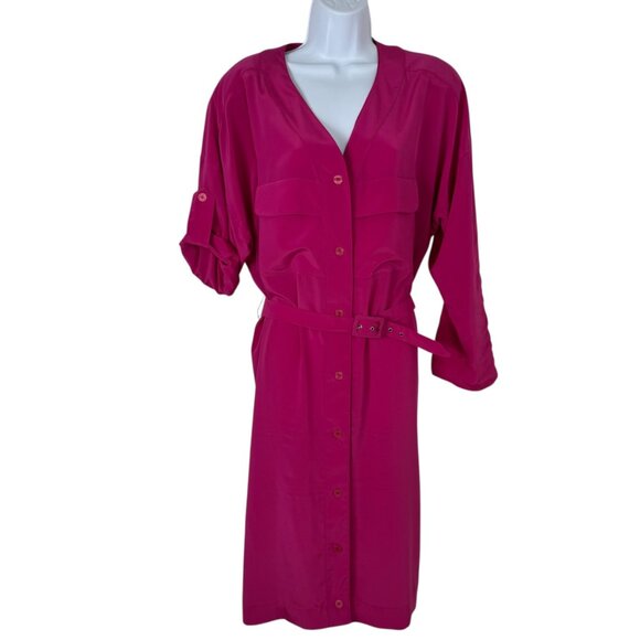 Hana Sung Dresses & Skirts - Hana Sung Bright Pink Shirt Dress Sz 12 Belted Hemmed 3/4 Sleeve Vintage Career